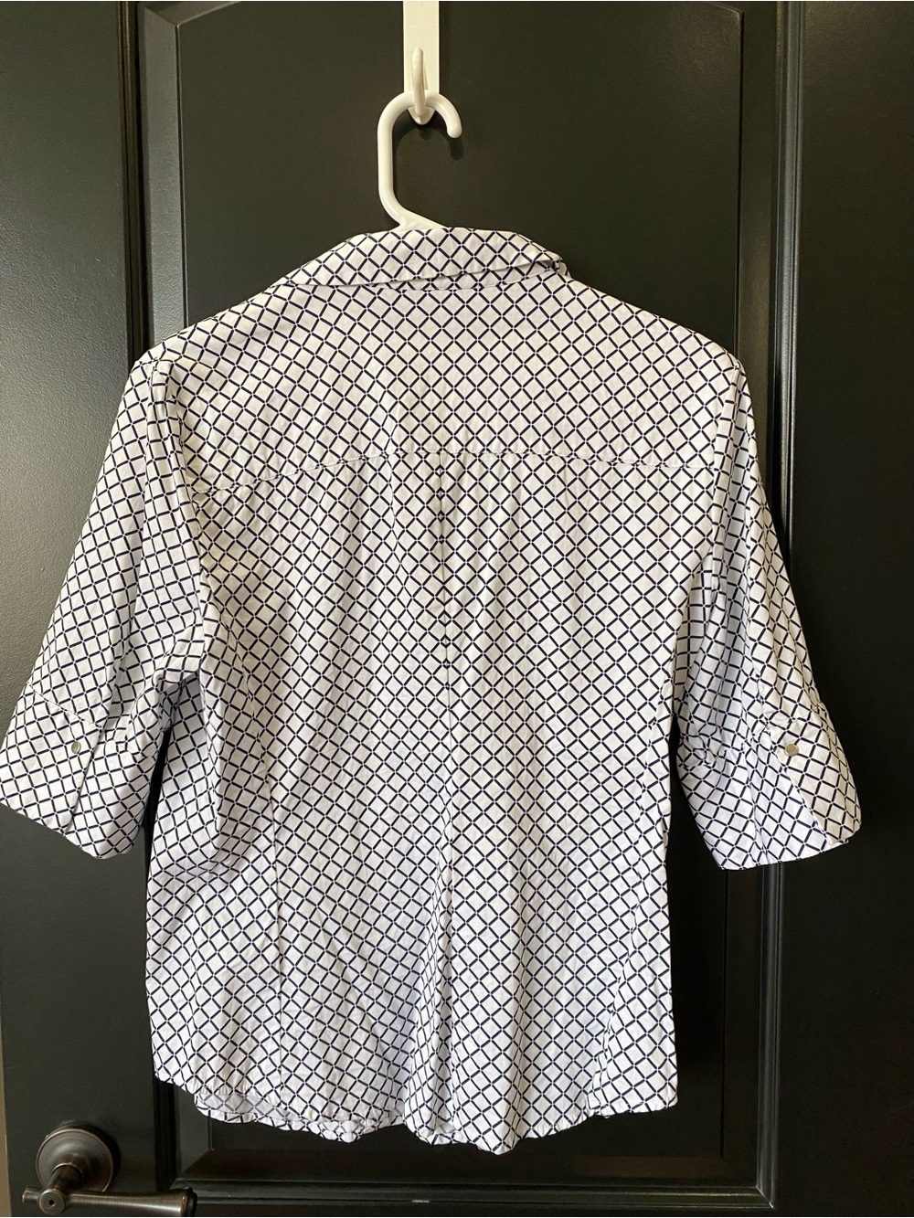 New York & Company White Shirt with Navy Geometric Print - Women's Button-Down - Picture 2 of 4